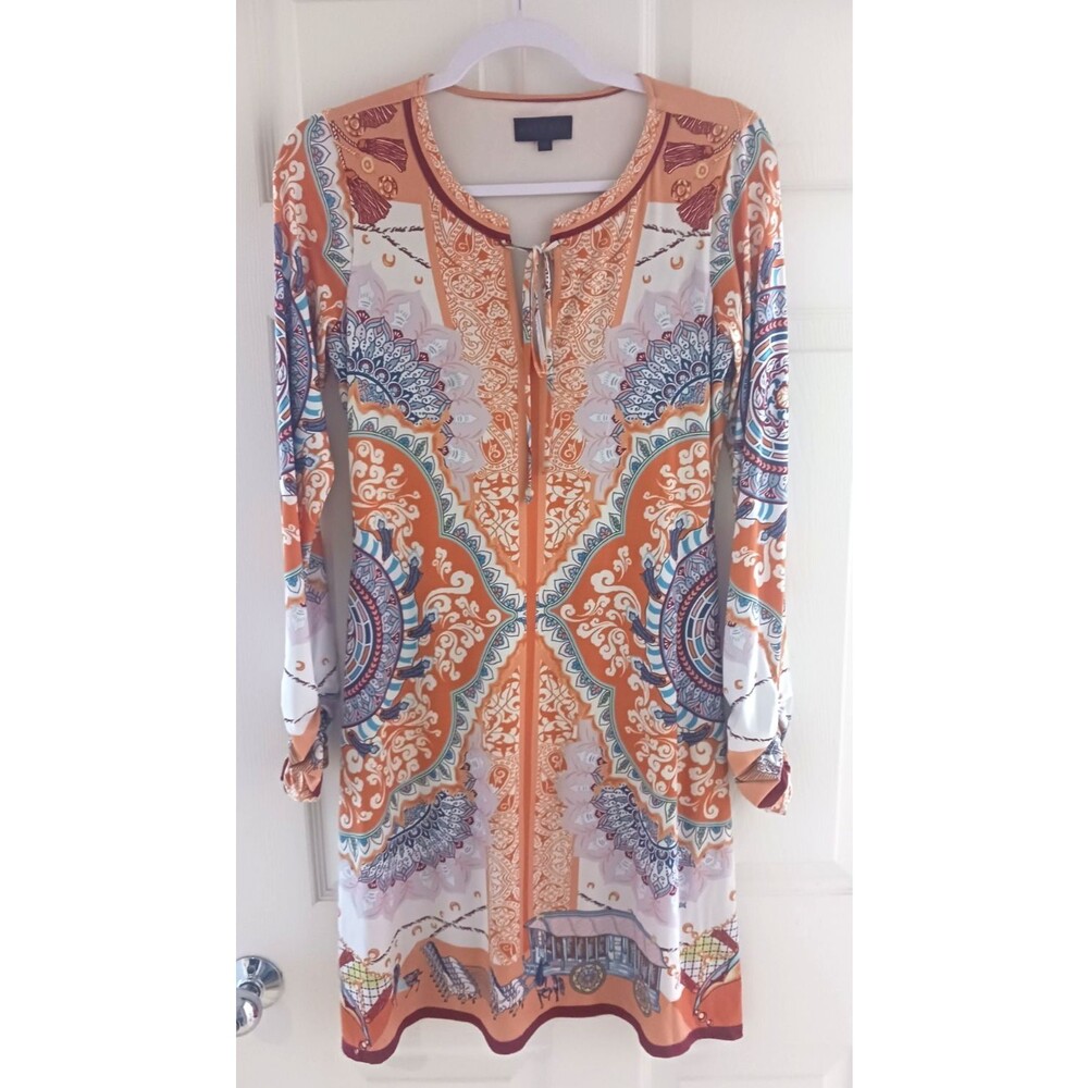 Hale Bob Dress Orange Multicolor Print XS Boho Resort Palm Springs Long Sleeve